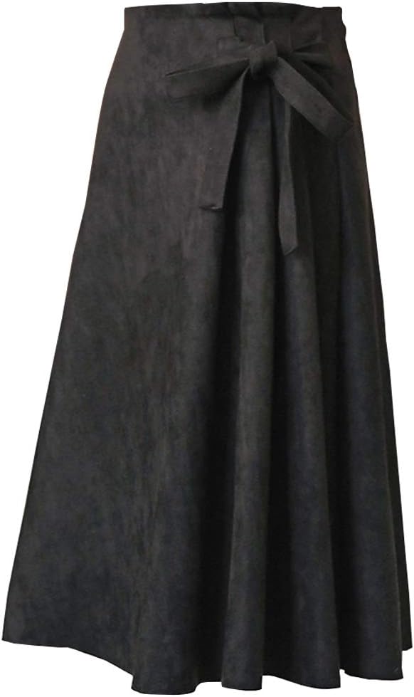 KoHuiJoo Long Faux Suede Skirt Women Plus Size Knee Length High Waist Casual A Line Skirts with Bow Tie (Black, L)