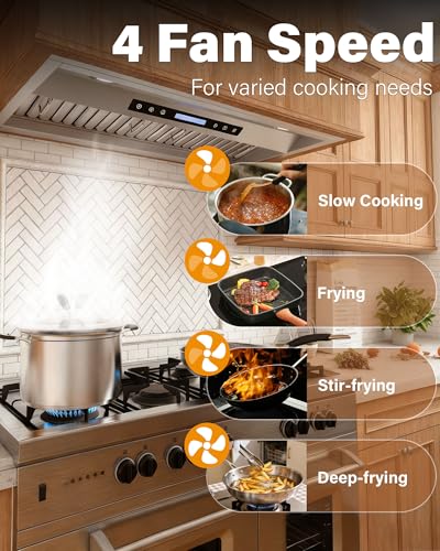 FLYPINE 30 inch Built in/Insert Range Hood 900 CFM, Stainless Steel | Touch Control, 4-Speed Fan, Ducted/Ductless Convertible, LED Lights, Quiet Operation, Dishwasher Safe Filters