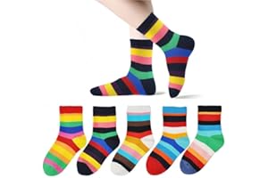 Marchare Girls SemlessCrew Cotton Socks Kids Casual Socks School Socks Rainbow Stripes 5 Pack