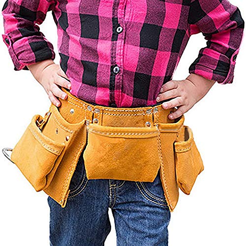 Aspire Leather Kids Tool Belt Adjustable Child's Tool Pouch for Role Play with 7 Pockets Tool Bag-Yellow