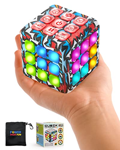 Power Your Fun Cubik LED Flashing Cube Memory Game - Electronic Handheld Game, 5 Brain Memory Games for Kids, STEM Sensory Toys Brain Play Puzzle Fidget Light Up Cube Stress Relief Fidget Toy (Action)