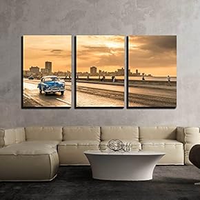 Car Speeding By Havana Malecon Sunset - 3 Panel Canvas Art