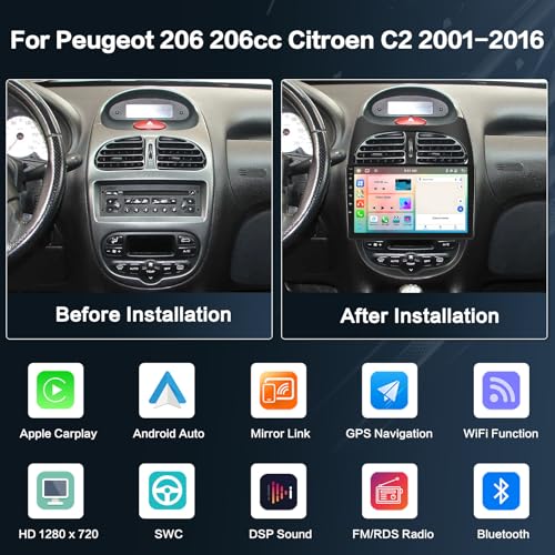 Inefala 8 Core 4+64G Radio for Peugeot 206 206cc Citroen C2 2001-2016 Android 15 with Wireless Carplay and Android Auto, 9'' Touch Screen Stereo Radio with Bluetooth 59UI 32 EQ DSP GPS FM/RDS SWC