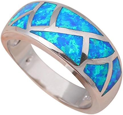 NEROY Retail Blue fire Created Opal Silver Stamped Ring Band For Women Fashion Jewelry Size 6 Or530