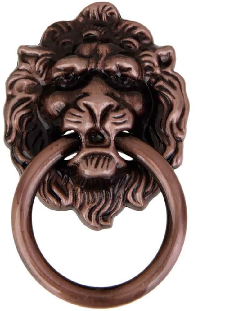POFET 10pcs Vintage Retro Style Door Knob Handle Cabinet Cupboard Drawer Metal Pull Ring Antique Lions Head Red Bronze