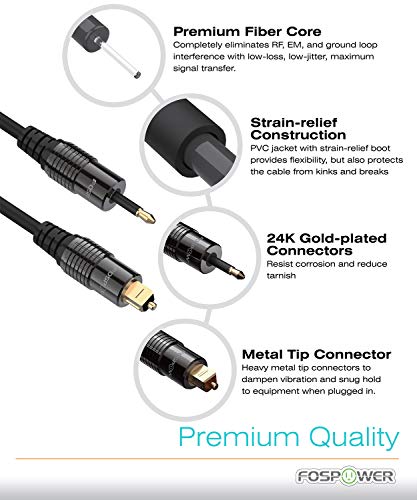 FosPower 24K Gold Plated Toslink to Mini Toslink Digital Fiber Optical S/PDIF Audio Cable with Metal Connectors & Strain-Relief PVC Jacket - 3ft - Thumbnail 7