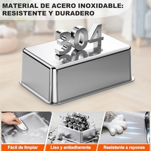 ROWIDE Arenero para Gato de Acero Inoxidable XL, Bordes Altos Antifugas con 5 Accesorios: Pala, Alfombrilla, Pegatinas, Cepillo y Bolsas. FáCil de Limpiar, No Se Pega, Apto para Gatos Grandes