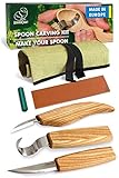 BeaverCraft S13 Wood Carving Tools Set for Spoon Carving 3 Knives in Tools Roll Leather Strop and Polishing Compound Hook Sloyd Detail Knife (Right-Handed Spoon Carving Knives)