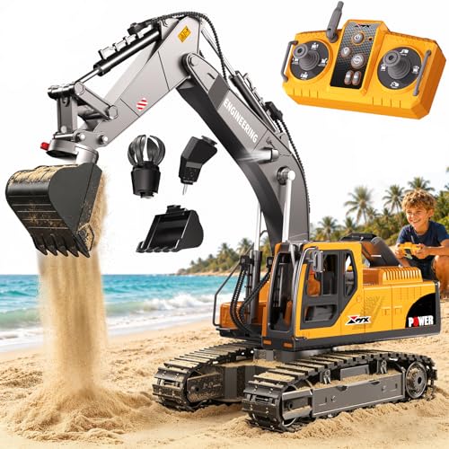GraceDuck 3-in-1 Remote Control Excavator, 2.4 GHz with Sound & Light Functions – 680° Rotation and 3 Interchangeable Accessories, Suitable for Various Terraines, Ideal Toy for Children aged 6-12