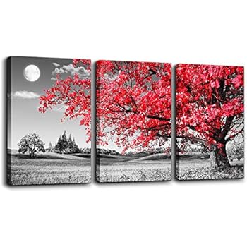 canvas wall art for living room Black and white red tree moon landscape painting bedroom Wall Decor 12