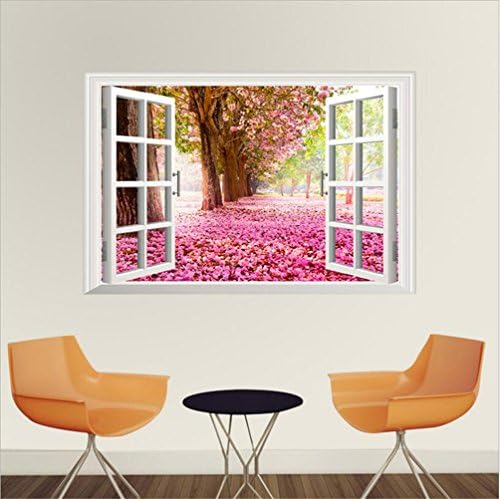 3D Cherry Blossoms Fake windows Wall Stickers Removable Faux Windows Wall Decal For Livingroom Bedroom (Deciduous flower 23.6x35.4 inch)