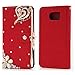 S6 Case,Samsung Galaxy S6 Case (Non-Edge) - Mavis's Diary 3D Handmade Wellet PU Leather Flip Cover Bling Love Heart Pendant Sparkle Glitter Diamond Flowers with Magnetic Clasp Card Holders (Red)