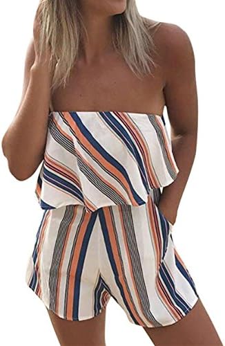 Sheshares Women Floral Strapless Romper Off Shoulder Jumpsuit Slash Neck Overall Sleeveless-Orange X-Large