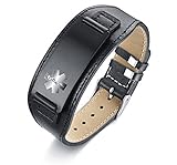 Custom Free Engraving Black Wide Stainless Steel&Leather Adjustable Medical Alert ID Bracelets Wristband for Men Father