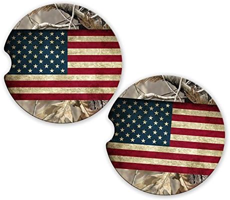 Camo USA Flag Distressed Camo Personalized Monogram Sandstone Car Cup Holder Matching Coaster Set