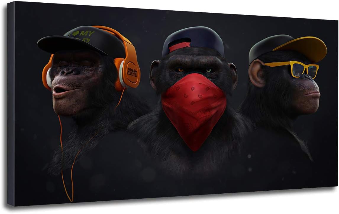 Wise Monkeys Canvas Wall Art Prints, Funny Chimp Headphone Animal