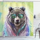 Ambesonne Animal Shower Curtain, Funny Cool Low Wild Hipster Bear with Spectacles Colorful Portrait, Cloth Fabric Bathroom Decor Set with Hooks, 70" Long, Lime Green