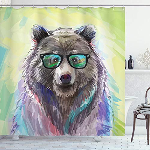 Ambesonne Animal Shower Curtain, Funny Cool Low Wild Hipster Bear with Spectacles Colorful Portrait, Cloth Fabric Bathroom Decor Set with Hooks, 70" Long, Lime Green