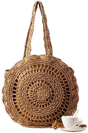 Women's Straw Handbags Large Summer Beach Tote Woven Round Pompom Handle Shoulder Bag