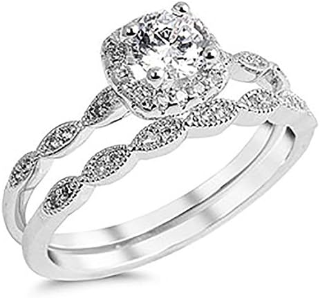 Sterling Silver 925 Cubic Zirconia CZ Halo Vintage Style Engagement Ring Wedding Set Sizes 4-10 (5)