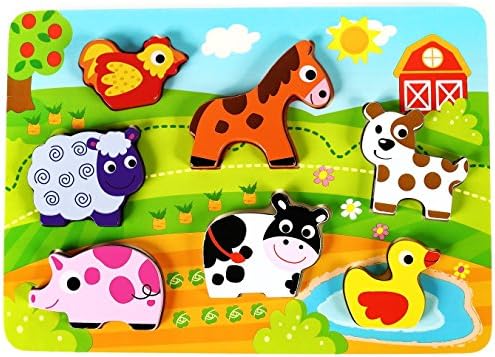 Fun Barnyard Farm Animals Chunky Wooden Puzzle for Toddlers, Preschool Age w/ "Easy-Hold" Colorful Solid Wood Pieces. Simple Educational &amp; Sensory Learning for 1, 2 &amp; 3 Year Olds