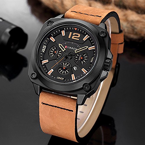 CURREN Hombres de primeras Marcas Relojes de Cuarzo Deportes Reloj de Cuarzo Correa de Cuero Reloj Militar Naranja - Imagen 3