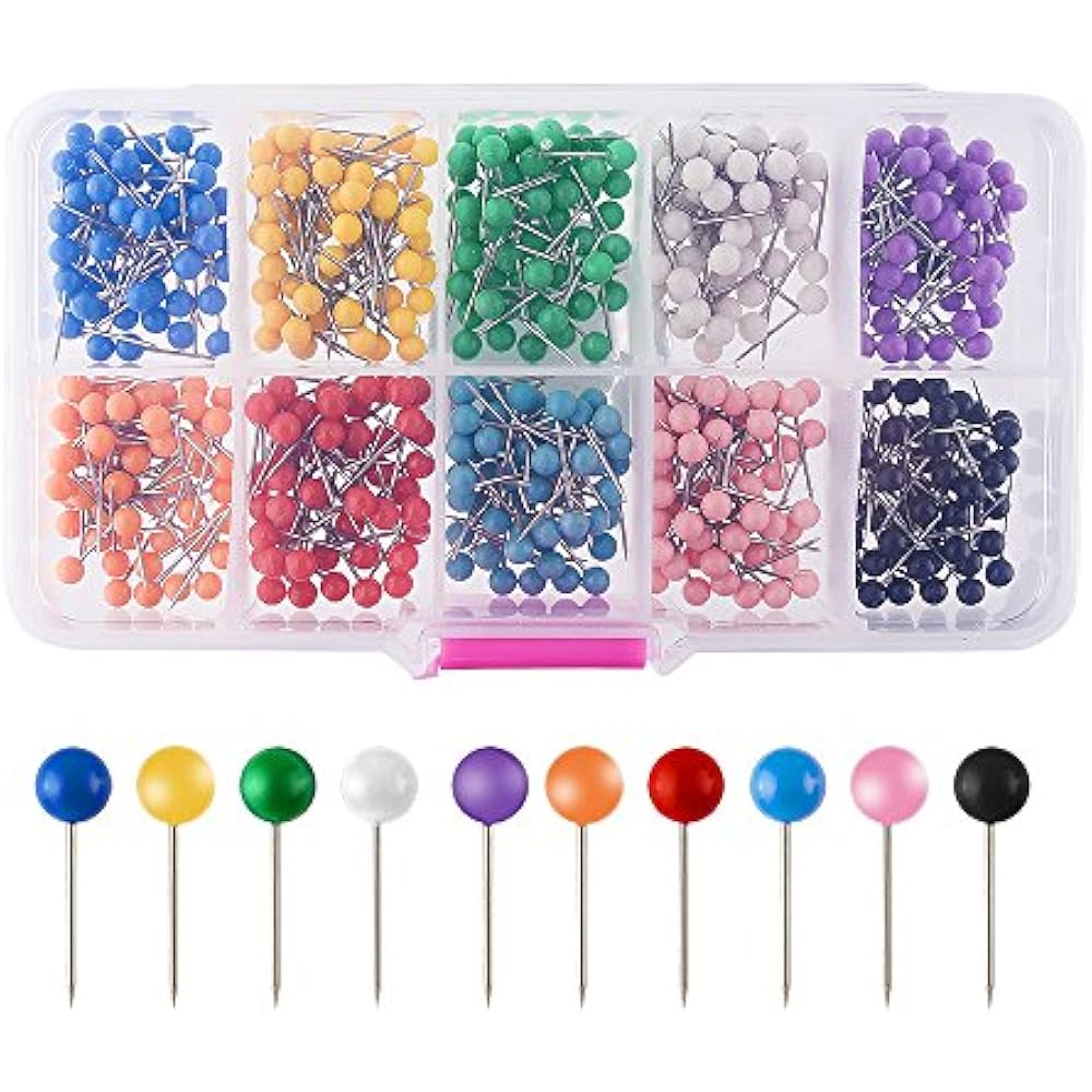 Map Push Pins W/ Clear Plastic Case 10 Assorted Colors 500 Pcs 1/8