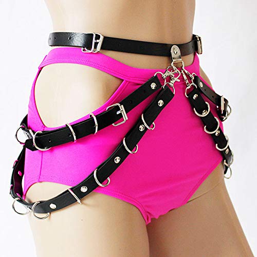 Adjustable Elastice 2 Rows Leather Leg Harness Garter Belt Punk Gothic Thigh Ring Garter (Black 5 with Waist Belt)
