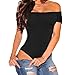 Eiffel Women's Short Sleeves Off Shoulder Stretchy Bodysuit Bodycon Tops Black M