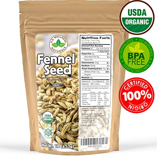 Fennel Seed 1LB (16Oz) 100% CERTIFIED Organic Egyptian Fennel Seed (Foeniculum vulgare), in 1 lbs. Bulk Resealable Kraft BPA free Bag by U.S. Wellness Naturals