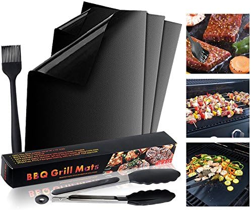 ELLECK Grill Mat,Set of 3 Non stick BBQ Grill Mats, Reusable and Easy to Clean FDA-Approved for Charcoal, Gas，Electric Grills and More，15.75 x 13 Inch (3 pack with 1 Kitchen Tongs+1 brush)