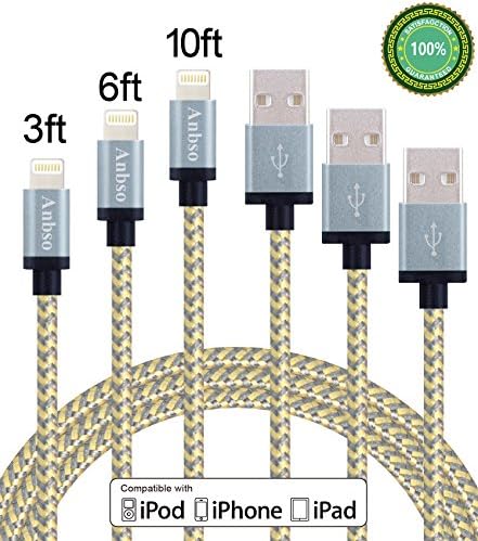 Anbso 3 Pack 3FT 6FT 10FTNylon Braided Charging Cable Data &amp; Sync Charging Cord 8-Pin Lightning to USB Cable Charger for iPhone 7/ 7 Plus/6/6s/6 plus/6s plus, iPhone 5/5s/5c,iPad, iPod(gold &amp; gray)