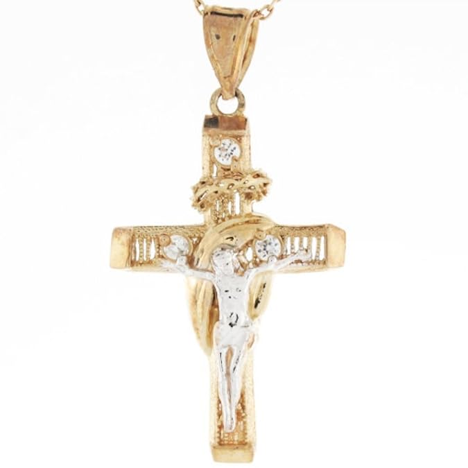 14k 2 Tone Gold Shroud Cross Crucifix Jesus Religious