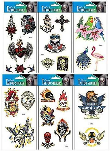 INTEROOKIE skull fake tattoos 6pcs tattoo sticker in 1 package,it including cross,spear,peacock,skulls,heart,roses,birds,sword,flowers,angel man and women,etc.