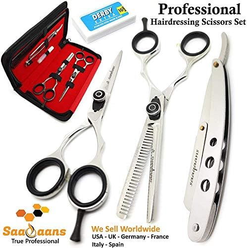 Saaqaans QSS-02 Professional Hairdresser Scissors Set - Package includes Barber Scissor, Thinning Shear, Straight Razor, 10 x Derby Double Edge Blades and Hair Comb in Stylish Scissors Case (Silver)