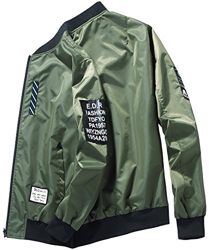 HENGAO Men's Casual Reversible Patches Varsity Bomber Jacket Coat Outwear, Military Green, XL/48R = Tag 5XL - Thumbnail 7