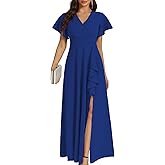 COOAN Women's Black Long Formal Dresses Cocktail Wedding Guest Dress Ruffle Split Elegant V Neck Party Gowns