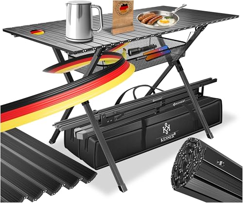 KESSER® Campingtisch faltbar Klapptisch mit Aluminiumrahmen Aufrollbare Tischplatte Falttisch klappbar 145x70x70cm bis 100kg inkl. Tragetasche mit Tra