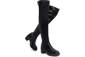 EETTARO Women's Over The Knee Boot Fashion Stretch Thigh High Boots Chunky Heel Tall Long Side Zip Boots