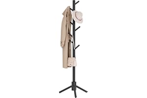 Sywhitta Coat Rack Stand, Wooden Freestanding Coat Rack with 8 Hooks, Easy Installation Clothes Hanger Stand for Clothes,Skirts,Used in Entryway,Hallway, Bedroom, Black