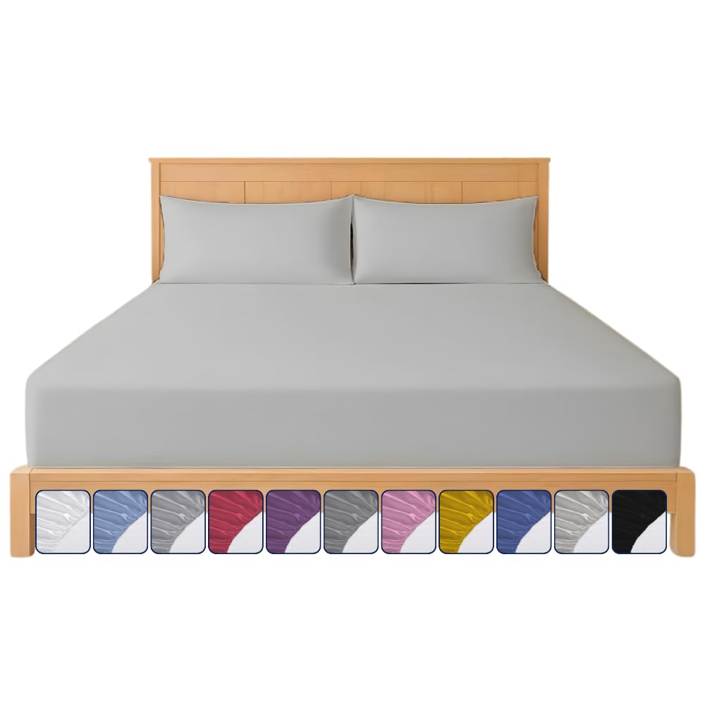 Fitted Sheet 40cm with Extra Deep Pockets - OEKO-TEX Certified Bed Sheet Single Size 90X190CM | Hotel Quality & Wrinkle Resistant | Brushed Microfibre Fitted Sheets (Gray, Single 40 CM)