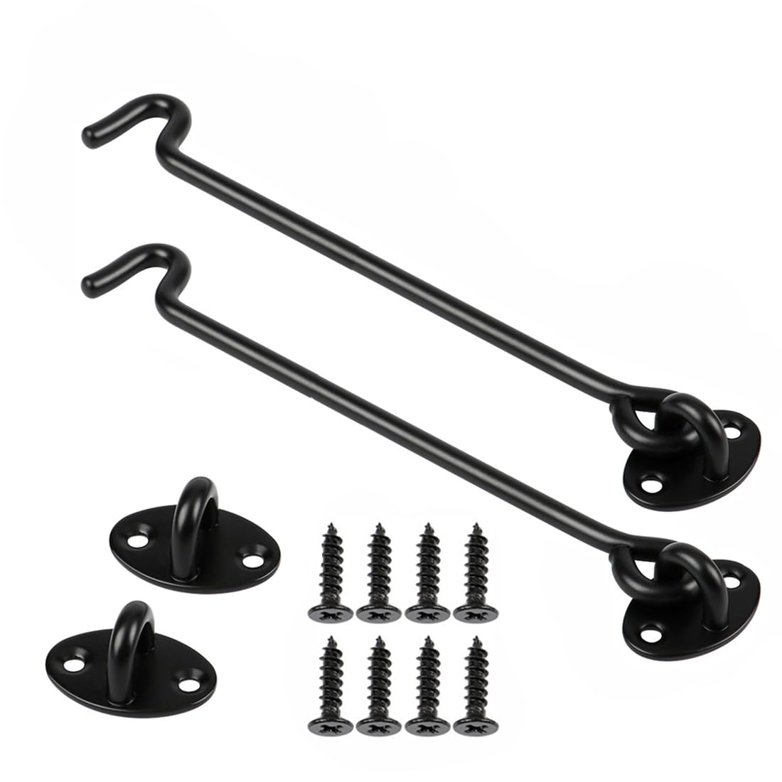 2Pcs Hook and Eye Latch - 8 Inch Black Cabin Hook, Stainless Steel Gate Latch, Heavy Duty Cabinet Latches with Mounting Screws, Eye Latch Swivel Window Hook for Sliding Door, Bathroom (Black)