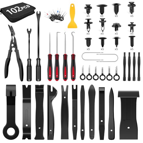 GOOACC Lot de 102 outils de retrait de garniture, goupille de poussée automatique en nylon pour pare-chocs de voiture, outil de retrait de bornes de fixation à poignée ronde, kit de pied-de-biche pour