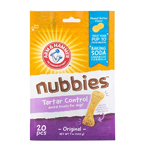 ARM & HAMMER FOR PETS NUBBIES DENTAL TREATS – BAKING SODA & CALCIUM DOG DENTAL CHEWS, NUBBED TEXTURE HELPS SCRUB PLAQUE & TARTAR WHILE CHEWING, PEANUT BUTTER FLAVOR, 20 COUNT, 7 OUNCE