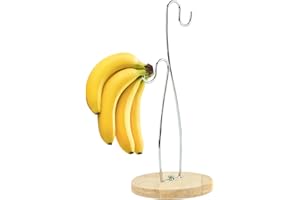Fruit Hook, Banana Holder Stand, Fresh Fruit Storage Organizer, Modern Banana Tree Hanger with Wood Base & Steel 2 Hooks for 