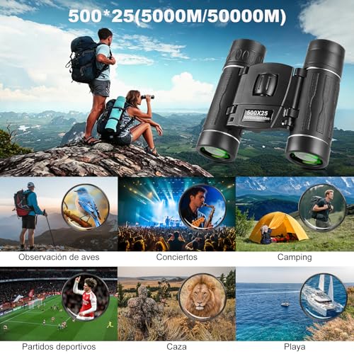Binoculares Portátiles 500x25 (8X), Binoculares Plegables con Clip para Teléfono, Alcance 5000m, Película Verde y Prisma BAK4, Visión Nocturna, Impermeables, Camping, Conciertos, Excursiones