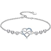 Brisskaari Christmas Gifts for Women, Infinity Heart Symbol 925 Sterling Silver Adjustable Anklets for Women with Cubic Zirconia/Gemstones, Endless Love Jewelry Gifts for Her