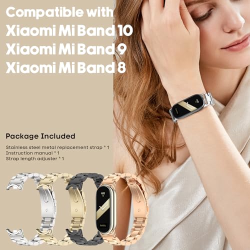 Metal Strap Compatible with Xiaomi Mi Band 10, 9 and Xiaomi Band 8 | Stainless Steel Bracelet for Miband 10/9/8 for Watches, Men and Women