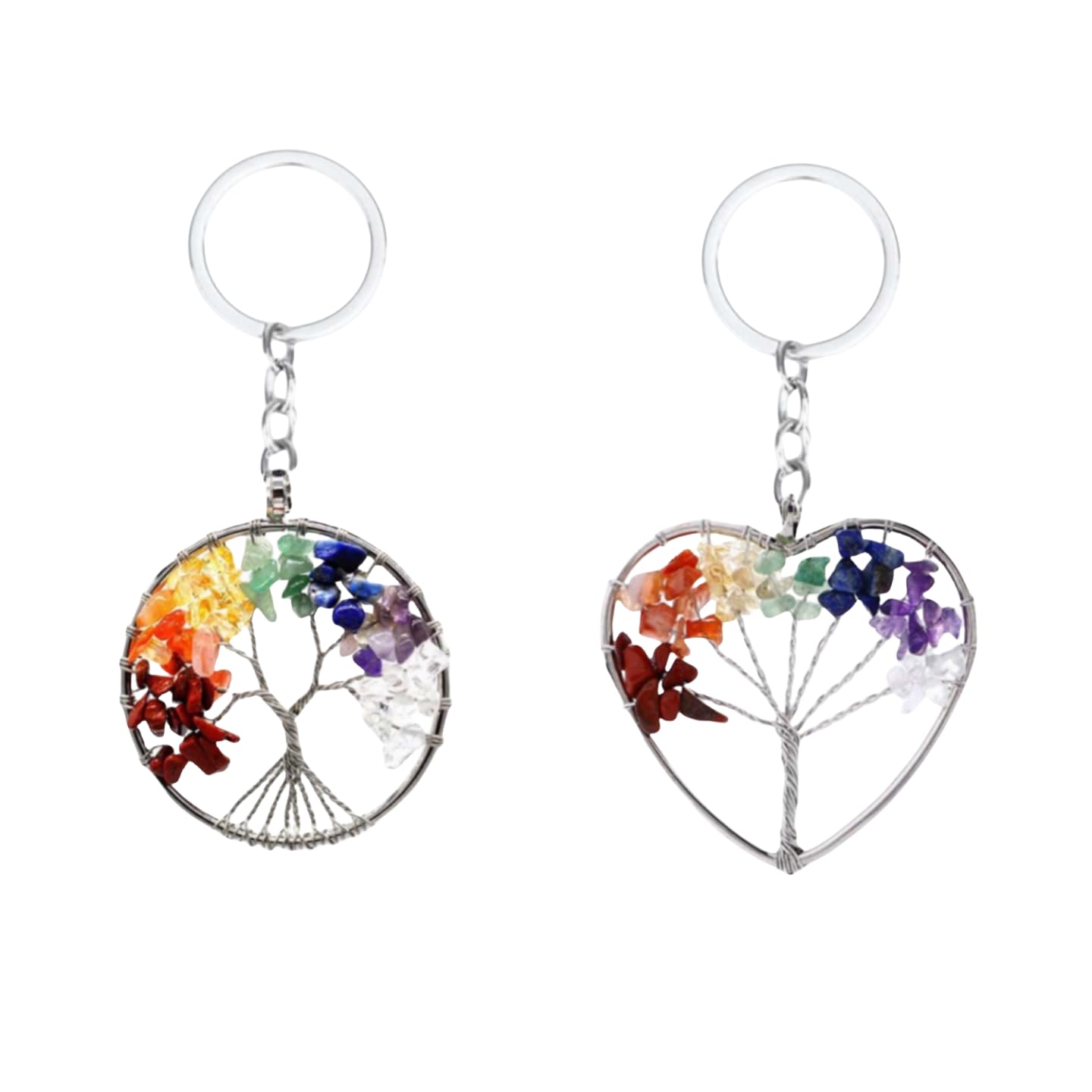 HPMAISON 2 Pack Tree of Life Keyring 7 Chakras Healing Crystal Friendship Gifts for Women Mothers Day Gifts Metal Keychains Colorful Natural Stone Car Keyring Round and Heart Pattern Bag Pendant