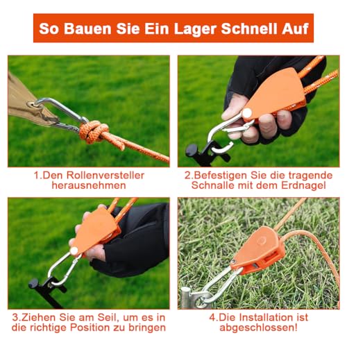 Tyafzzn Pack of 4 4 mm Adjustable Rope Ratchet, 4 m Guy Ropes with Rope Tensioner, Adjustable Ratchet Hanger, Tent Cord with Storage Bag, Reflective Guy Ropes for Awning (Orange)